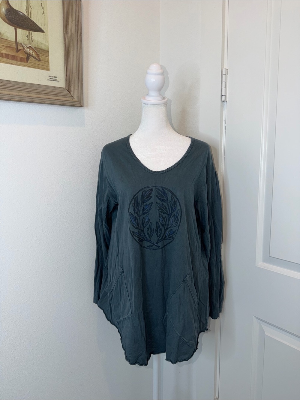 Blue Fish Slate Green Long-Sleeve Tunic with Leaf Medallion